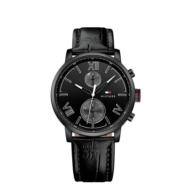 Tommy Hilfiger Aden Chronograph Black Dial Black Leather Strap Watch for Men - 1791310