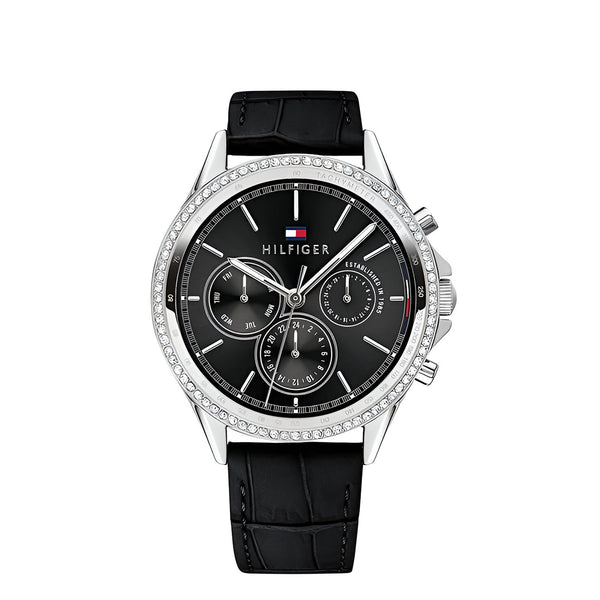 Tommy Hilfiger Ari Diamonds Black Dial Black Leather Strap Watch for Women - 1781981