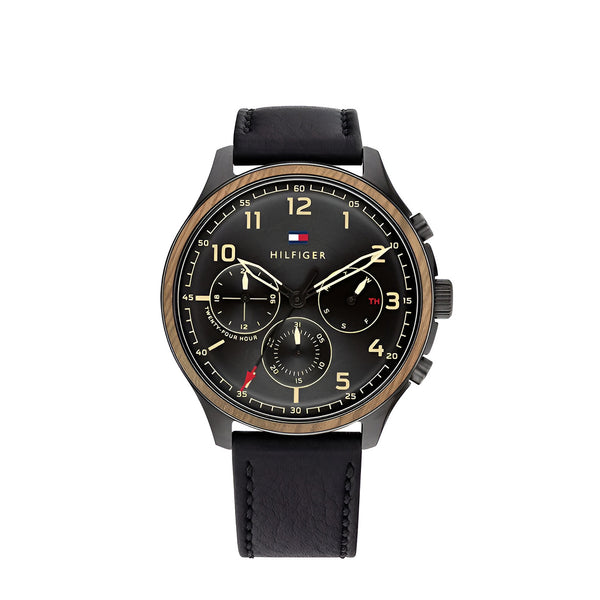 Tommy Hilfiger Asher Chronograph Black Dial Black Leather Strap Watch For Men - 1791854