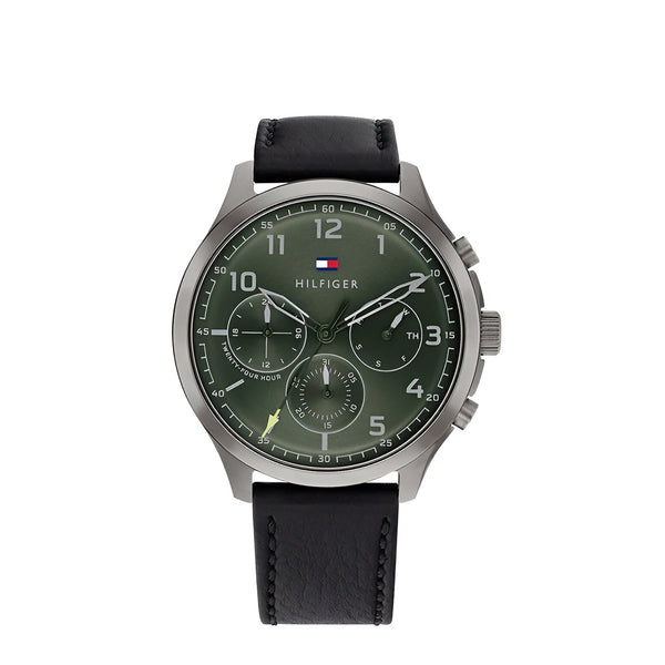Tommy Hilfiger Asher Chronograph Green Dial Black Leather Strap Watch For Men - 1791856