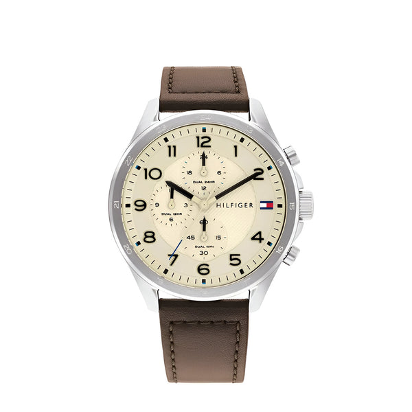 Tommy Hilfiger Axel Dual Time Chronograph Beige Dial with Brown Leather Strap Watch for Men-1792003