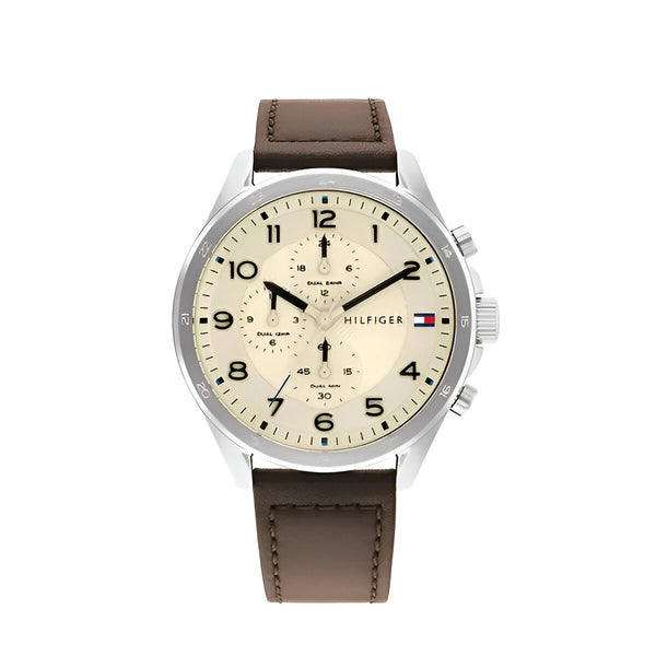 Tommy Hilfiger Axel Dual Time Chronograph Beige Dial with Brown Leather Strap Watch for Men-1792003