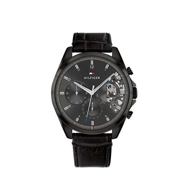 Tommy Hilfiger Baker Chronograph Black Dial Black Leather Strap Watch For Men  - 1710452
