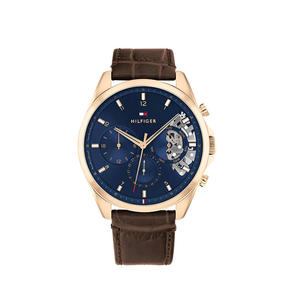 Tommy Hilfiger Baker Chronograph Blue Dial Brown Leather Strap Watch For Men - 1710453