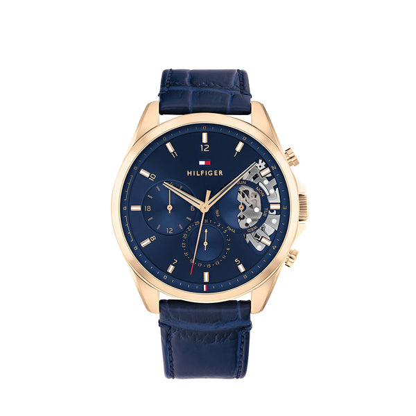 Tommy Hilfiger Baker Chronograph Quartz Blue Dial Blue Leather Strap Watch For Men - 1710451