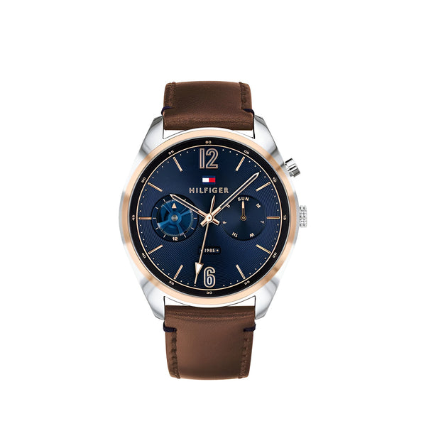 Tommy Hilfiger Deacan Blue Dial Brown Leather Strap Watch for Men - 1791549