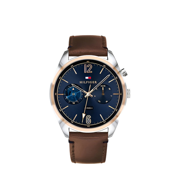 Tommy Hilfiger Deacan Blue Dial Brown Leather Strap Watch for Men - 1791549