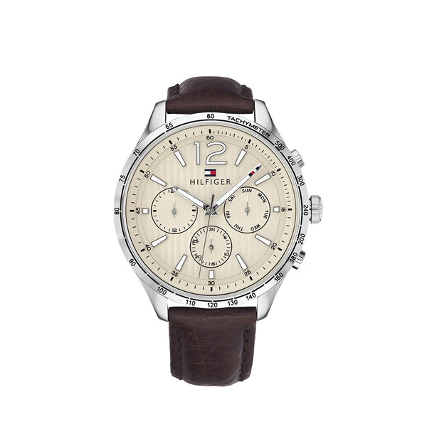 Tommy Hilfiger Gavin Chronograph White Dial Brown Leather Strap Watch for Men - 1791467