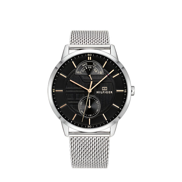 Tommy Hilfiger Hunter Quartz Black Dial Silver Steel Strap Watch for Men - 1791610