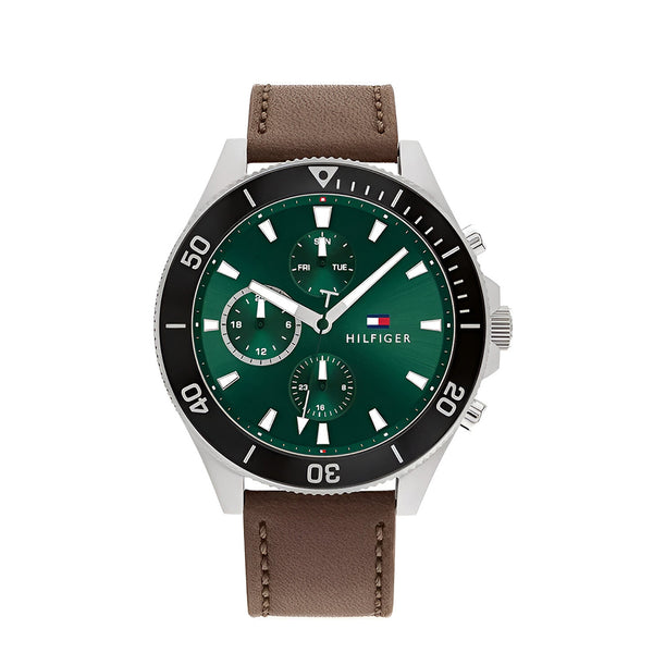 Tommy Hilfiger Larson Chronograph Green Dial Brown Leather Strap Watch For Men - 1791983