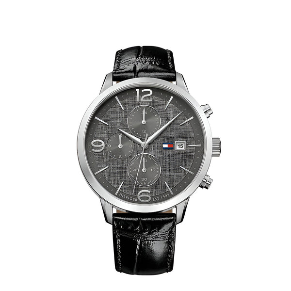 Tommy Hilfiger Liam Gray dial Leather belt with Black color Watch for Mens-1710361