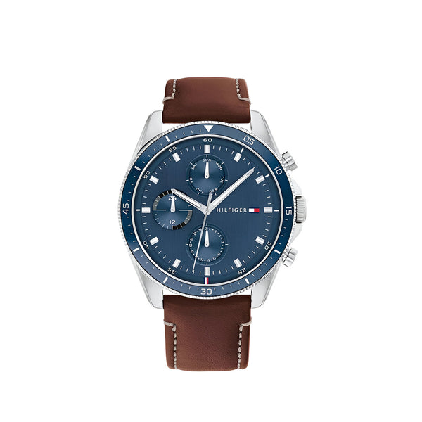 Tommy Hilfiger Parker Chronograph Blue Dial Brown Leather Strap Watch For Men - 1791837