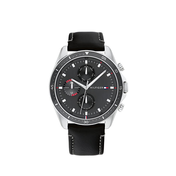 Tommy Hilfiger Parker Chronograph Quartz Grey Dial Black Leather Strap Watch For Men - 1791838
