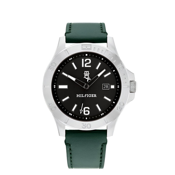Tommy Hilfiger Quartz Green Leather Strap Black Dial 46mm Watch for Men-1710531