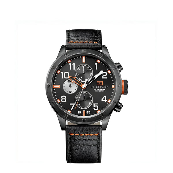 Tommy Hilfiger Trent Multifunction Black Dial Black Leather Strap Watch for Men - 1791136