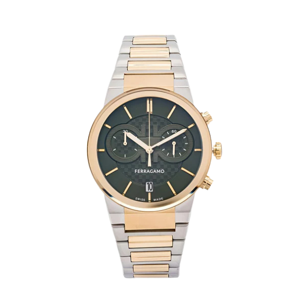 Salvatore Ferragamo Sapphire Chrono Green Dial Two Tone Steel Strap Watch for Men - SFME01223