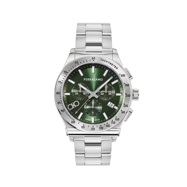Salvatore Ferragamo 1927 Chrono Green Dial Silver Steel Strap Watch for Men - SFKZ00423