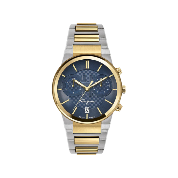 Salvatore Ferragamo Sapphire Chrono Blue Dial Two Tone Steel Strap Watch for Men - SFME00521