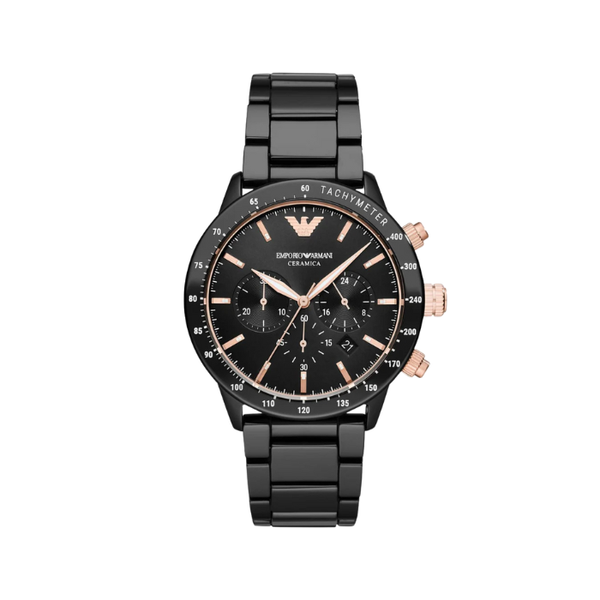 Emporio Armani Mario Ceramic Chronograph Black Dial Black Steel Strap Watch For Men - AR70002