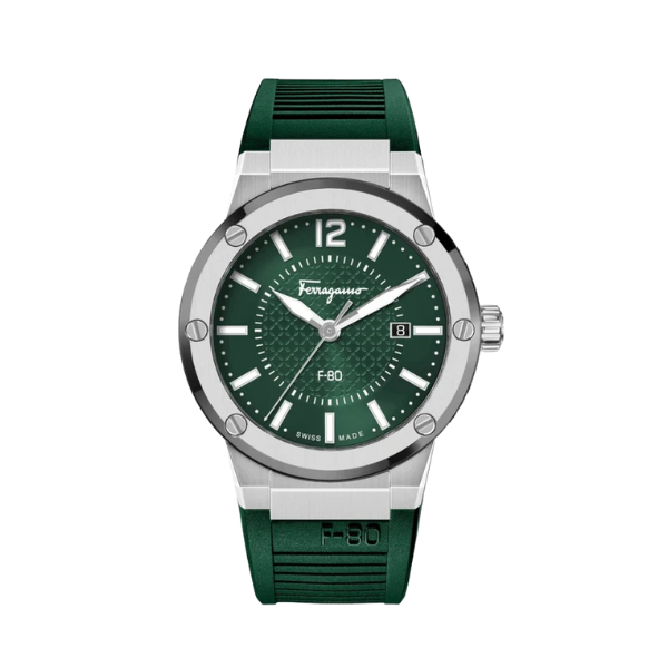 Salvatore Ferragamo F-80 Classic Green Dial Green Rubber Strap Watch for Men - SFHY02722