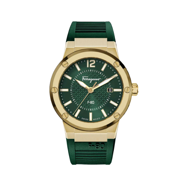 Salvatore Ferragamo F-80 Classic Green Dial Green Rubber Strap Watch for Men - SFHY02022