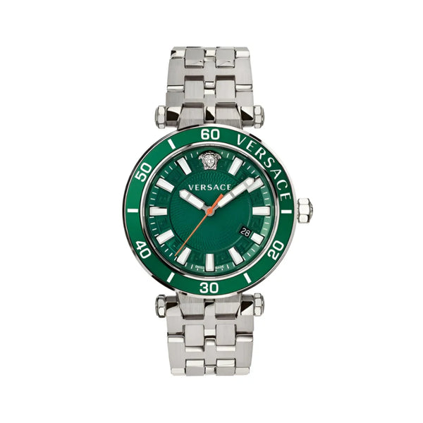 Versace Greca Sport Quartz Green Dial Silver Steel Strap Watch For Men - VEZ300421
