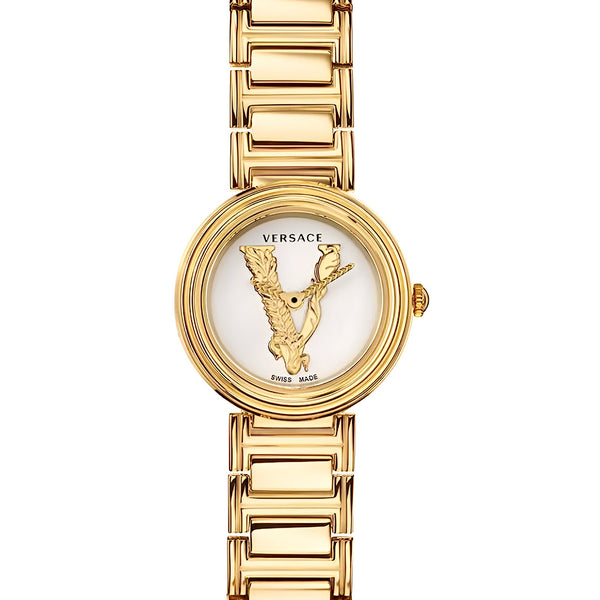 Versace Mini Virtus Quartz White Dial Gold Steel Strap Watch For Men - VET300221