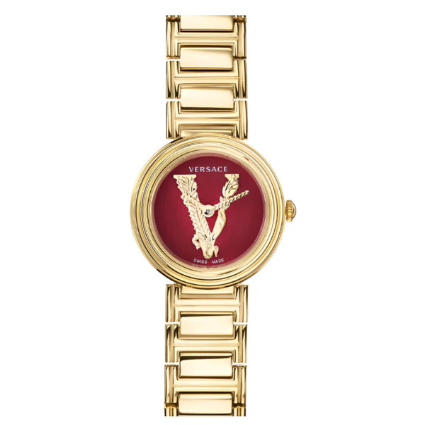 Versace Virtus Mini Quartz Red Dial Gold Steel Strap Watch For Women - VET300321