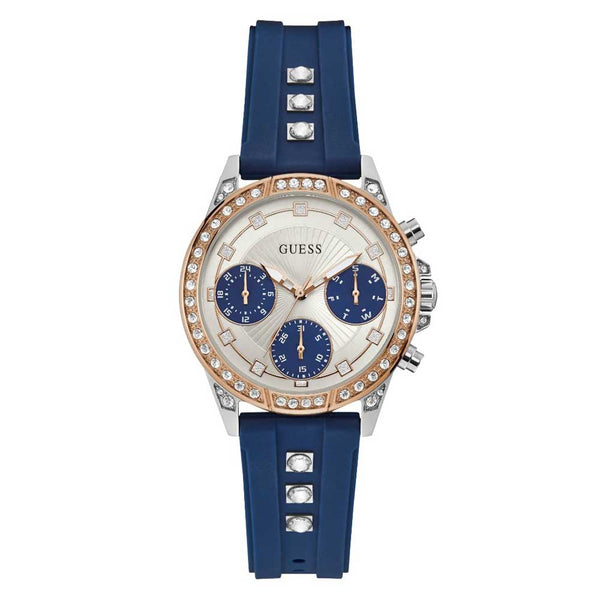Guess  Quartz Navy Blue Silicone Strap Silver Sunray Dial 36mm Watch for Women- W1292L2