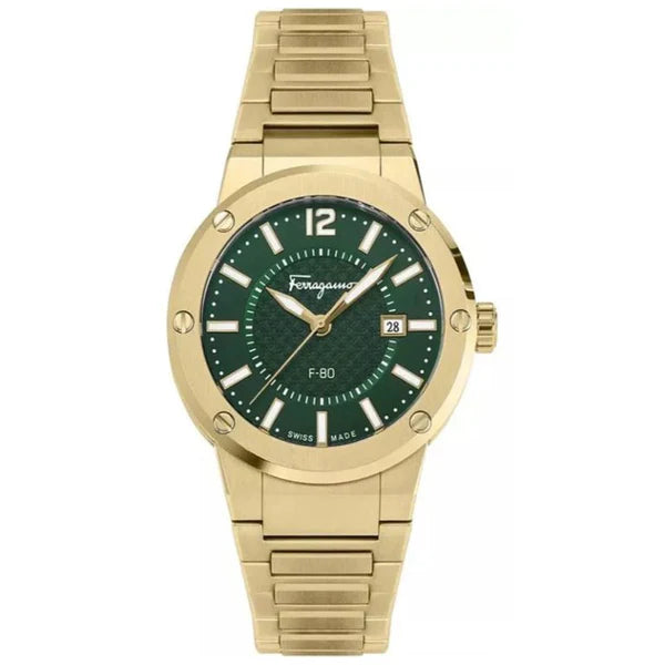 Salvatore Ferragamo F-80 Green Dial Gold Steel Strap Watch for Men - SFHY02921