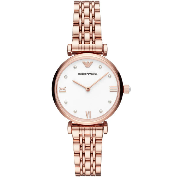 Emporio Armani Gianni T-Bar Quartz White Dial Rose Gold Steel Strap Watch For Women - AR11267