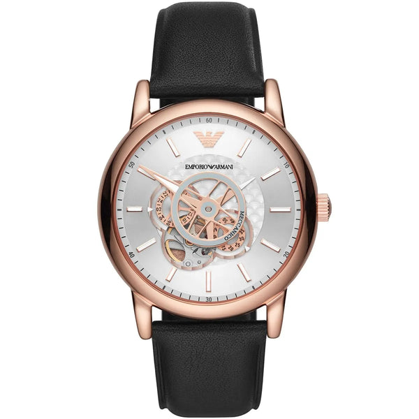 Emporio Armani Meccanico Black Leather Strap Silver Dial Automatic Watch for Mens - AR60013