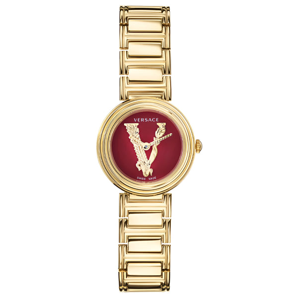 Versace Virtus Mini Quartz Red Dial Gold Steel Strap Watch For Women - VET300321