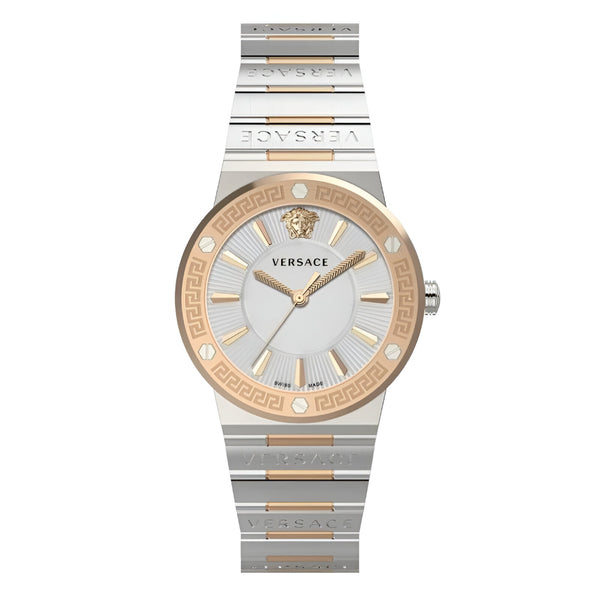 Versace Greca Quartz White Dial Two Tone Steel Strap Watch For Women - VEVH01020