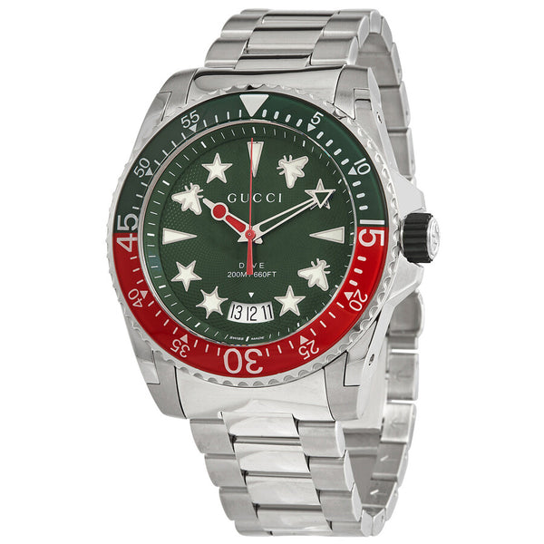 Gucci Dive Quartz Green Dial Silver Steel Strap Watch For Men - YA136222