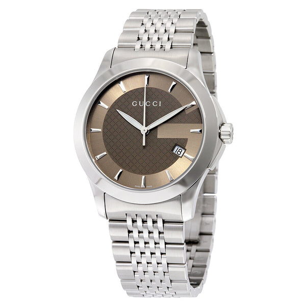 Gucci G Timeless Brown Dial Silver Steel Strap Watch For Men - YA126406