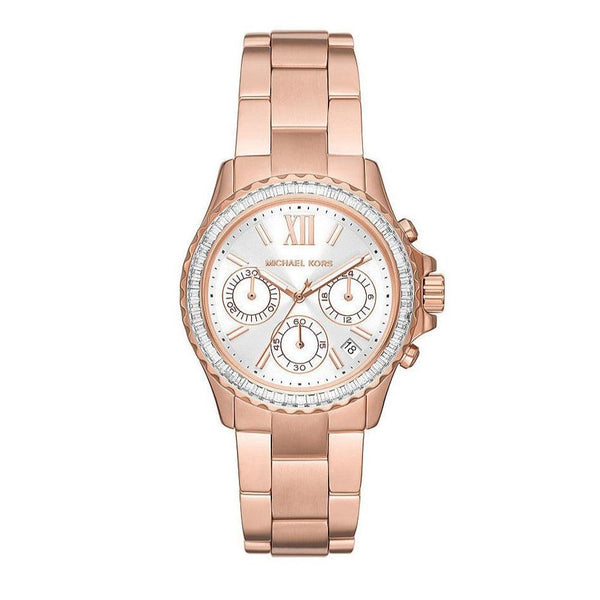 Michael Kors Everest Chronograph Silver Dial Rose Gold Steel Strap Watch For Women - MK7213