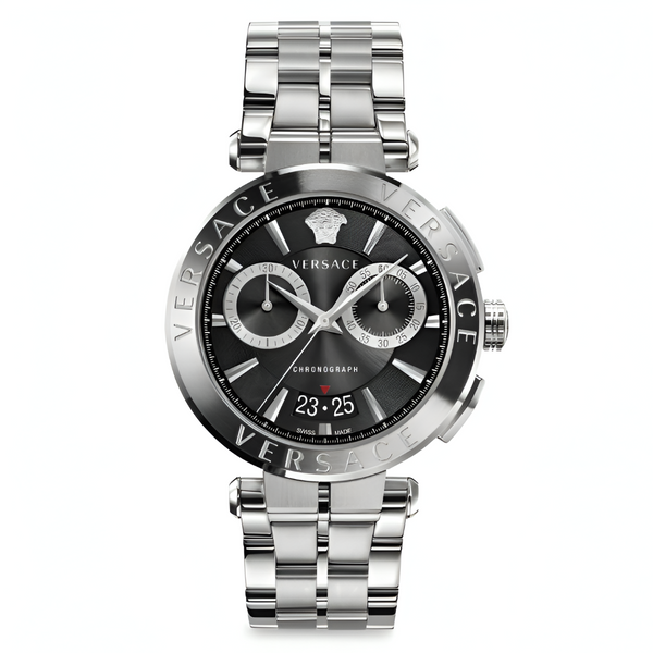 Versace Aion Chronograph Black Dial Silver Steel Strap Watch for Men - VBR080017