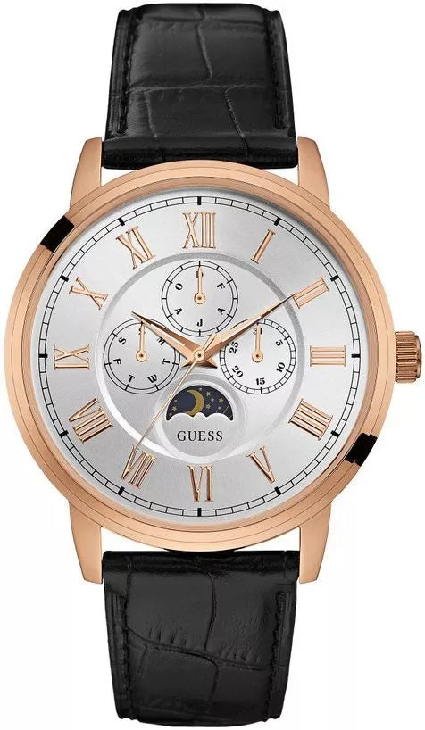 Guess Quartz Moon phase Black Leather Strap White Dial 44mm Watch for Men's- W0870G2