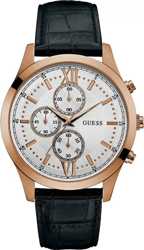 Guess Hudson Black Leather Strap Silver Dial Chronograph Quartz Watch for Gents - W0876G2