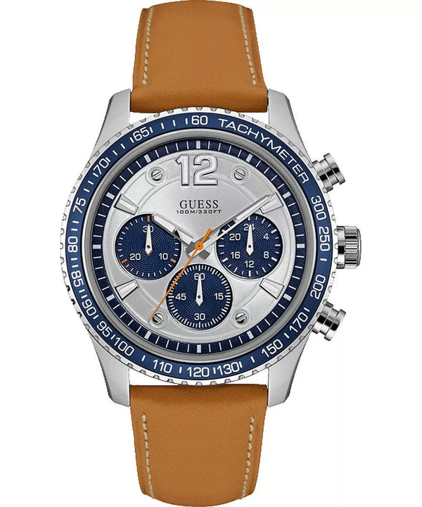 Guess Fleet Brown Leather Strap Silver Dial Chronograph Quartz Watch for Gents - W0970G1