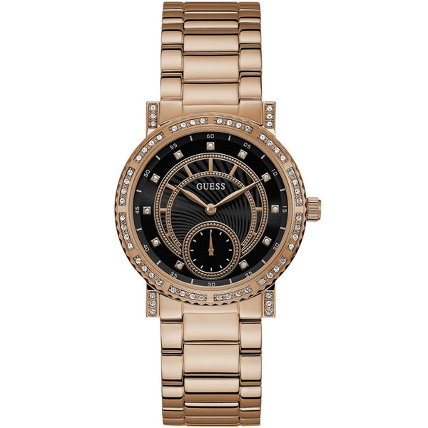 Guess Constellation Black Dial Stainless Steel Belt with Rose Gold Color Watch For Women-W1006L2