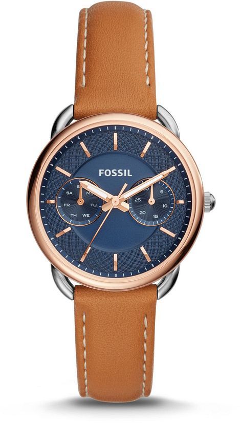 Fossil Tailor Date-Day Quartz Blue Dial Brown Leather Strap Watch for Women - ES4257